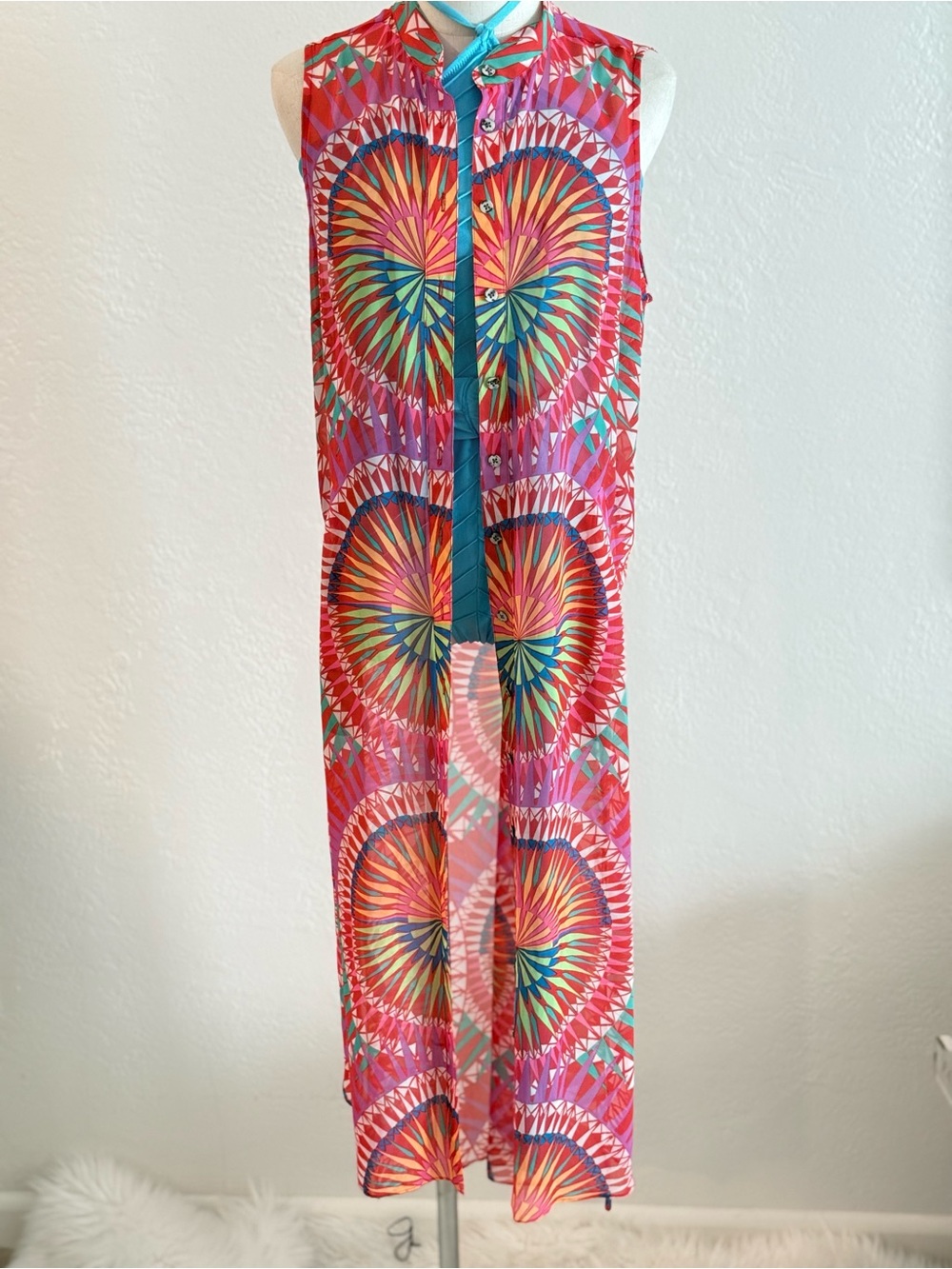 VINTAGE Mara Hoffman Geometric Vibrant Sheer Long Duster Swim Cover Up M Luxe